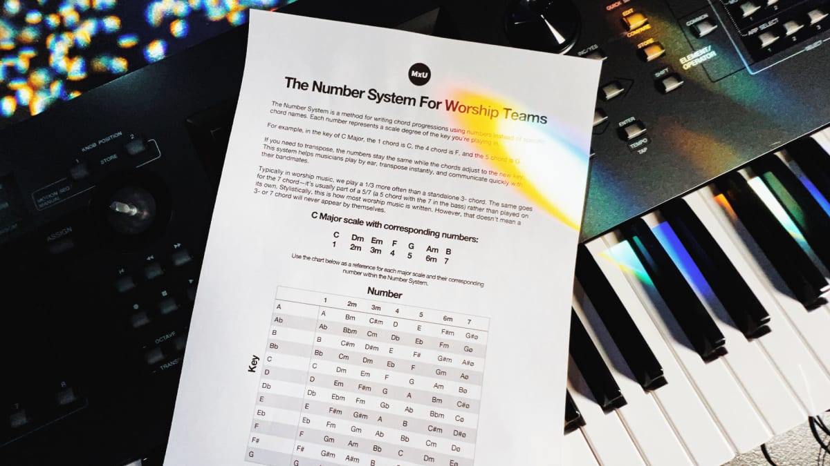 Cover image for the free MxU worship resource 'Nashville Number Chart,' showing a music chart on a keyboard with a rainbow reflection across the page.
