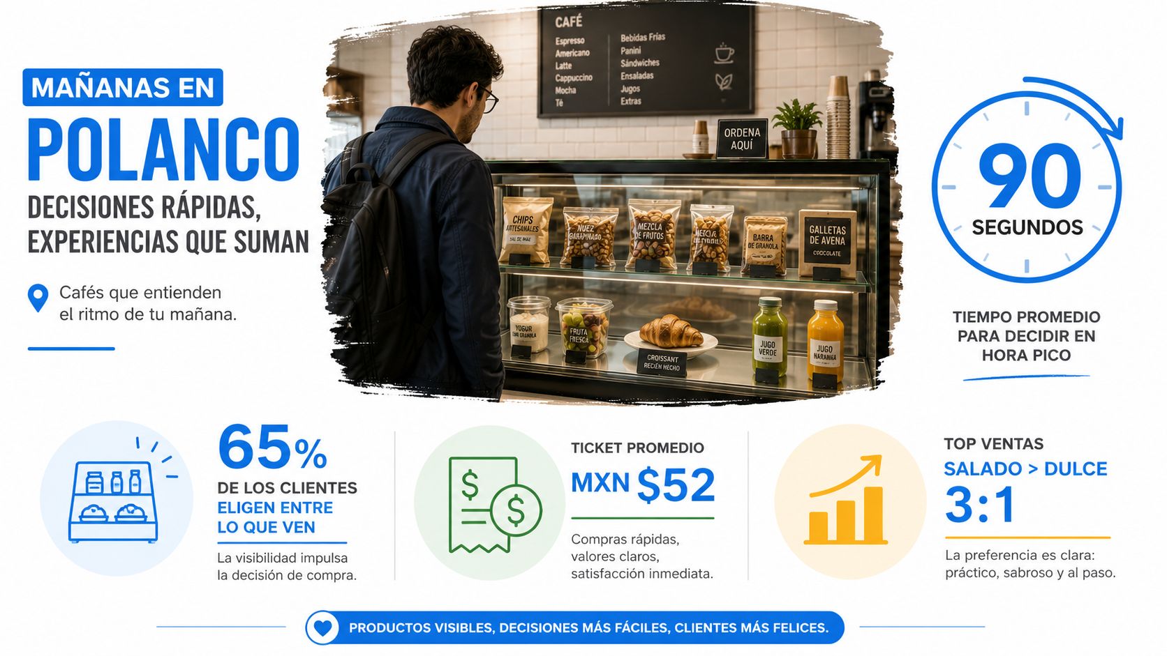 Cliente observando vitrina con productos listos para llevar en una cafetería, destacando estadísticas de consumo rápido.