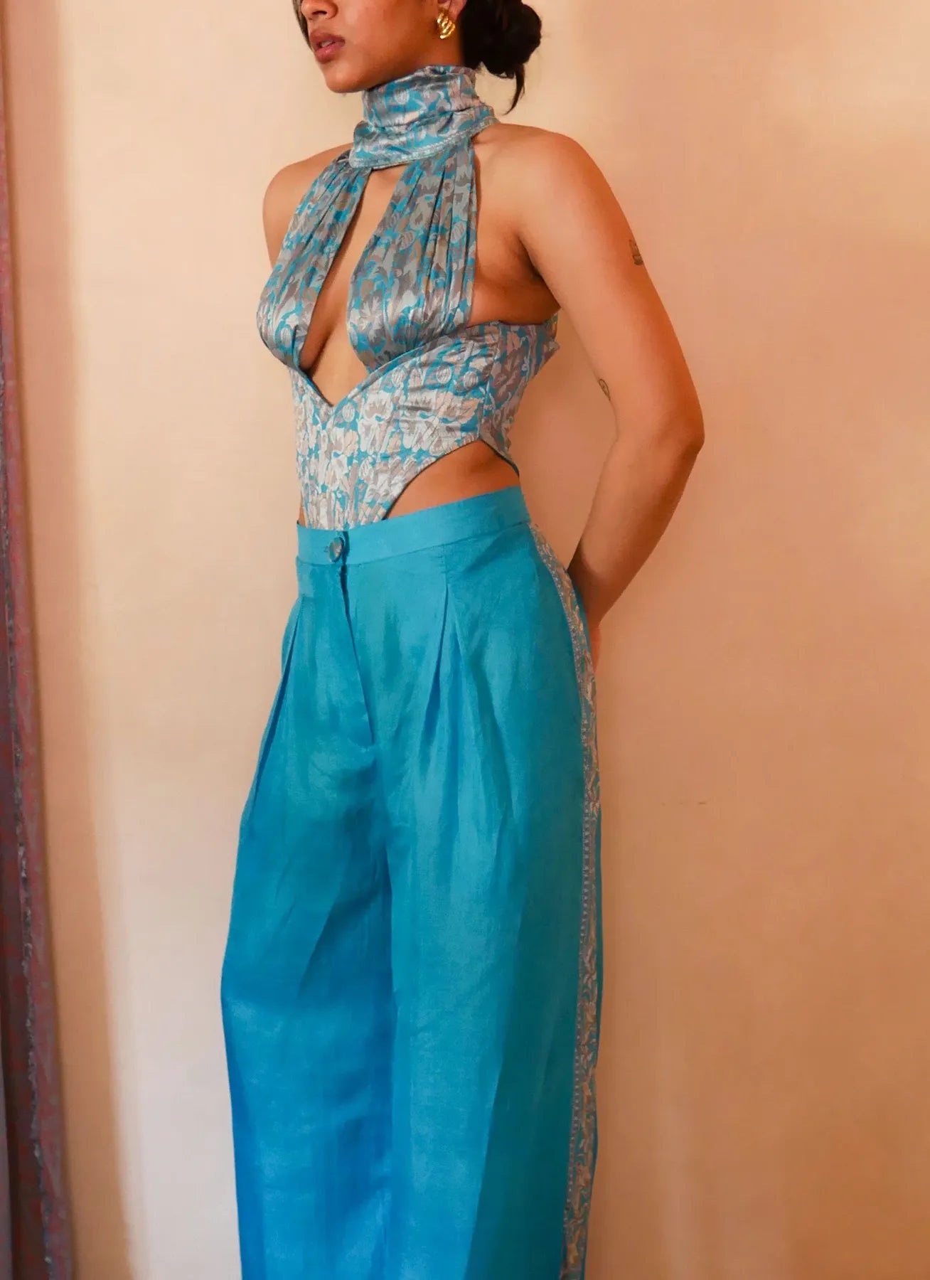 Vivienne printed silk tube corset handcrafted from vintage saree with halter neckline, deep V cut and choker-style collar