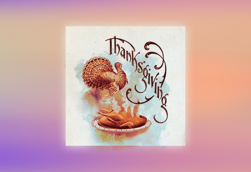 ’70s-style Thanksgiving art with a roasted turkey centerpiece and nostalgic type.