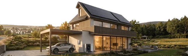 Modern house with solar panels, large windows, and a parked car.