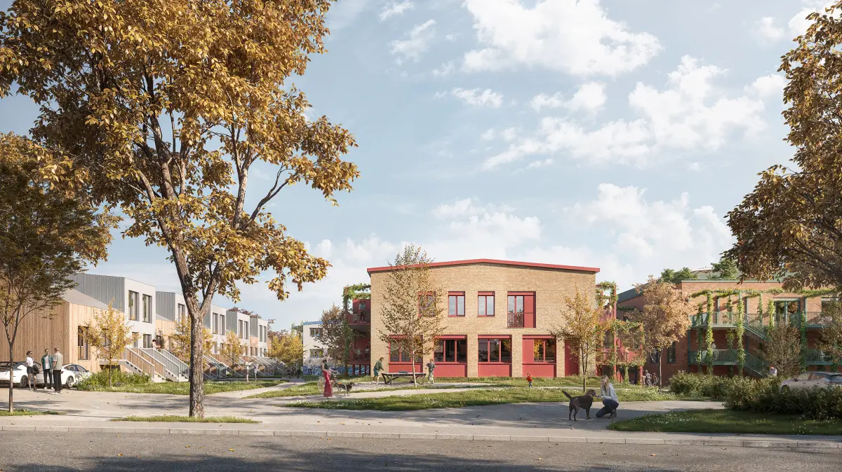 Isometrische Zeichnung eines Bauprojekts mit mehreren Gebäuden und markierten Strukturen in Rot