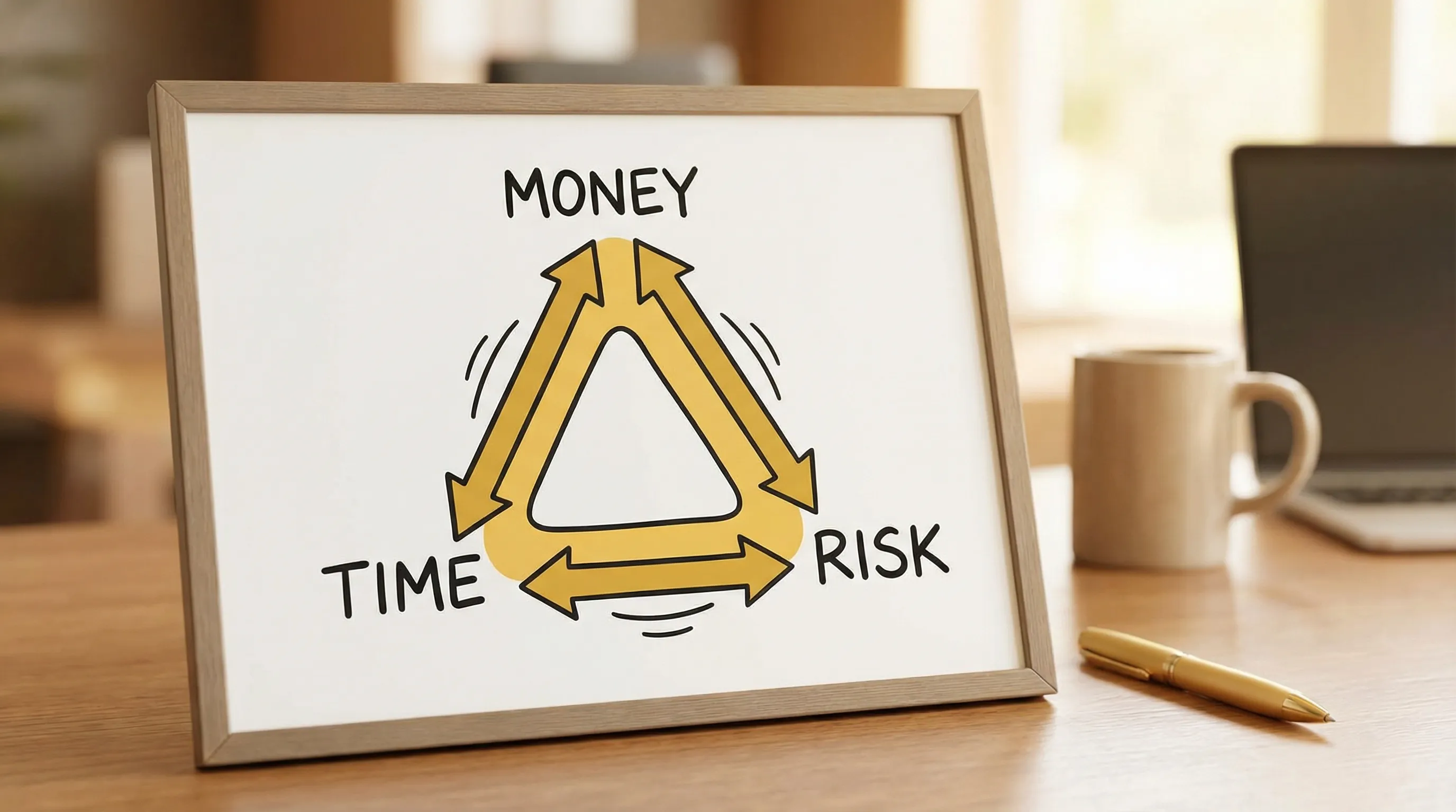 Simple triangle diagram showing the three moving tradeoffs: Money, Time, and Risk, with arrows indicating that improving one often increases pressure on the other two.