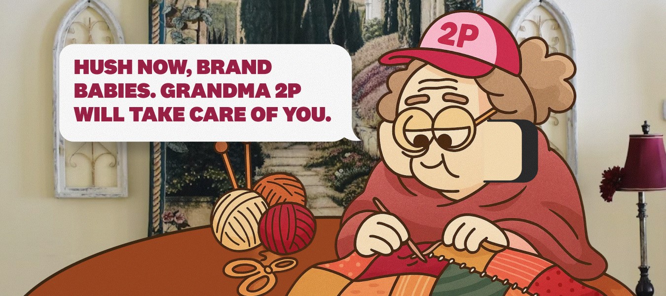 Cartoon “Grandma 2P” knitting a colorful quilt with the caption “Hush now. Grandma 2P will take care of you,” illustrating Neato’s nurturing 2P+ partnership model.