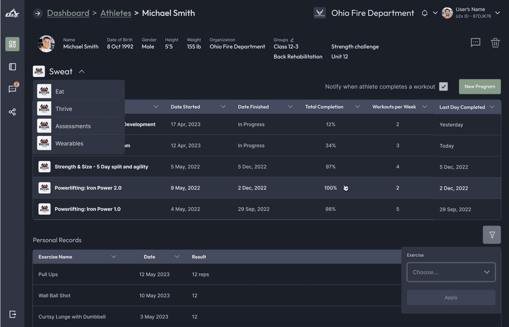 O2X Athlete profile Information screen