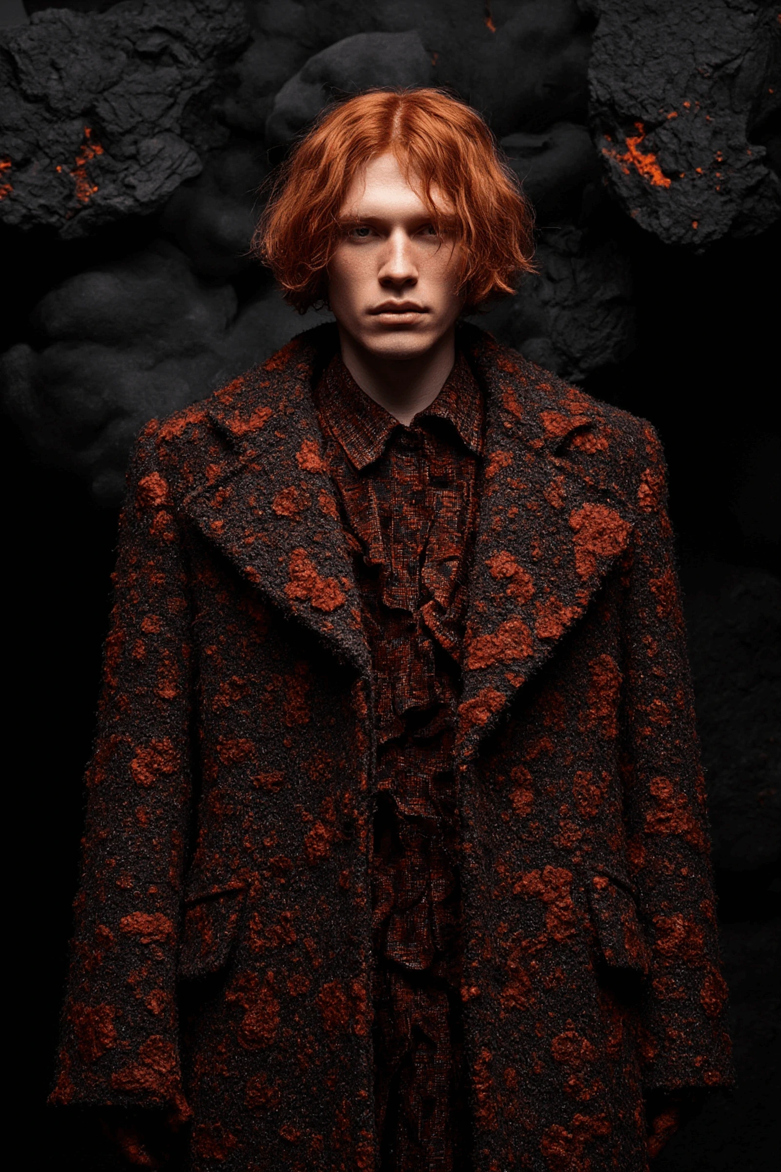 Portrait of model in lava-inspired coat