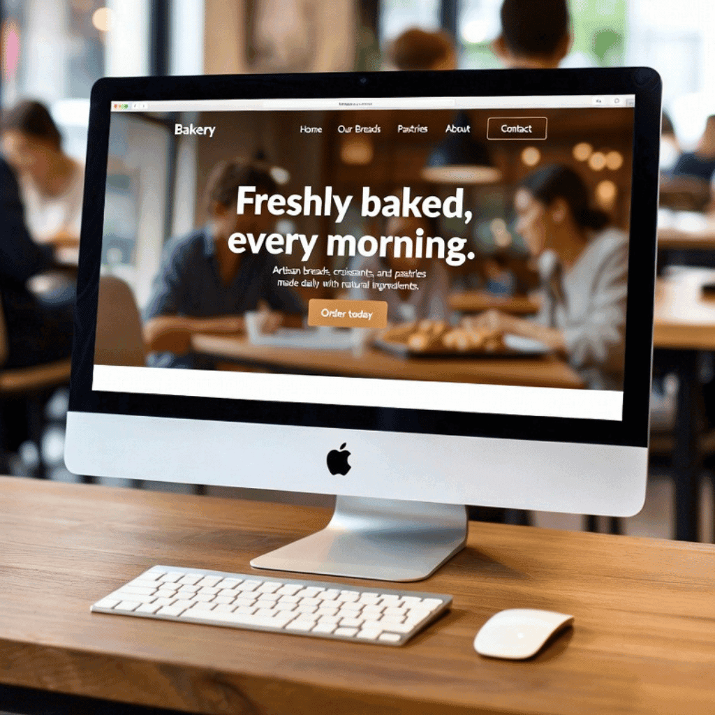 Mockup de diseño web para panadería en pantalla de escritorio iMac, mostrando una interfaz de usuario limpia, hero section y fotografía de alimentos.