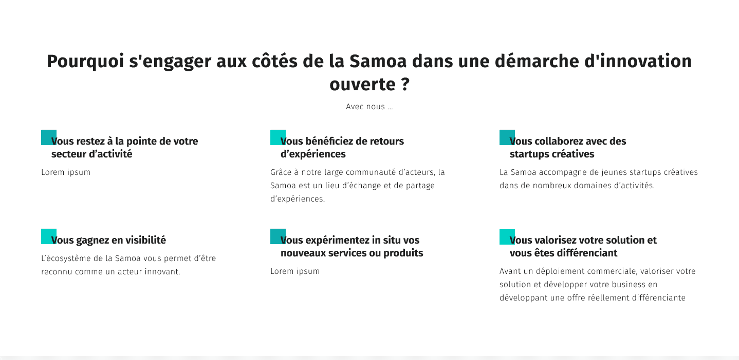 Une section de contenus textuels sur un site web, réalisée dans le cadre d'un projet d'ux/ui à nantes pour le compte de la Samoa