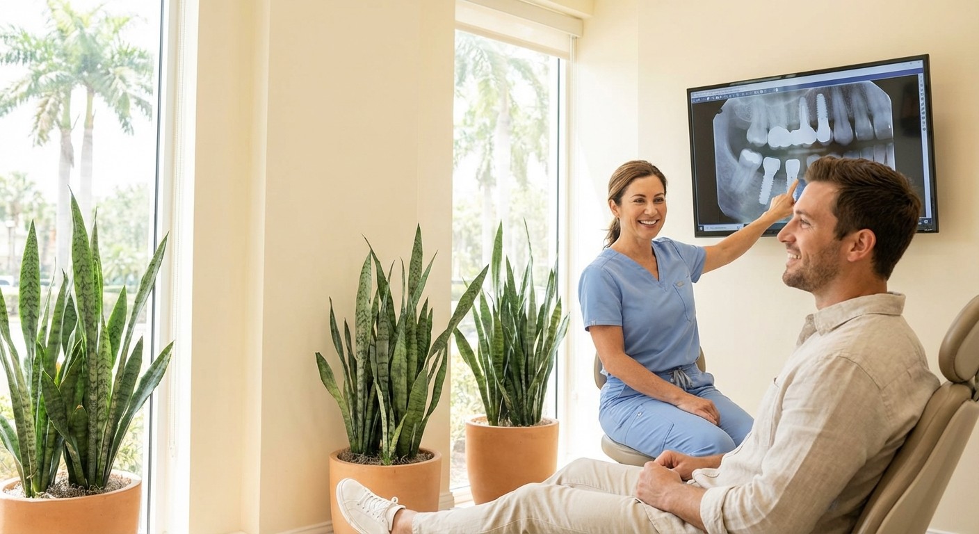 A young patient in consultation with a dentist reviewing a digital X-ray showing dental implant placement