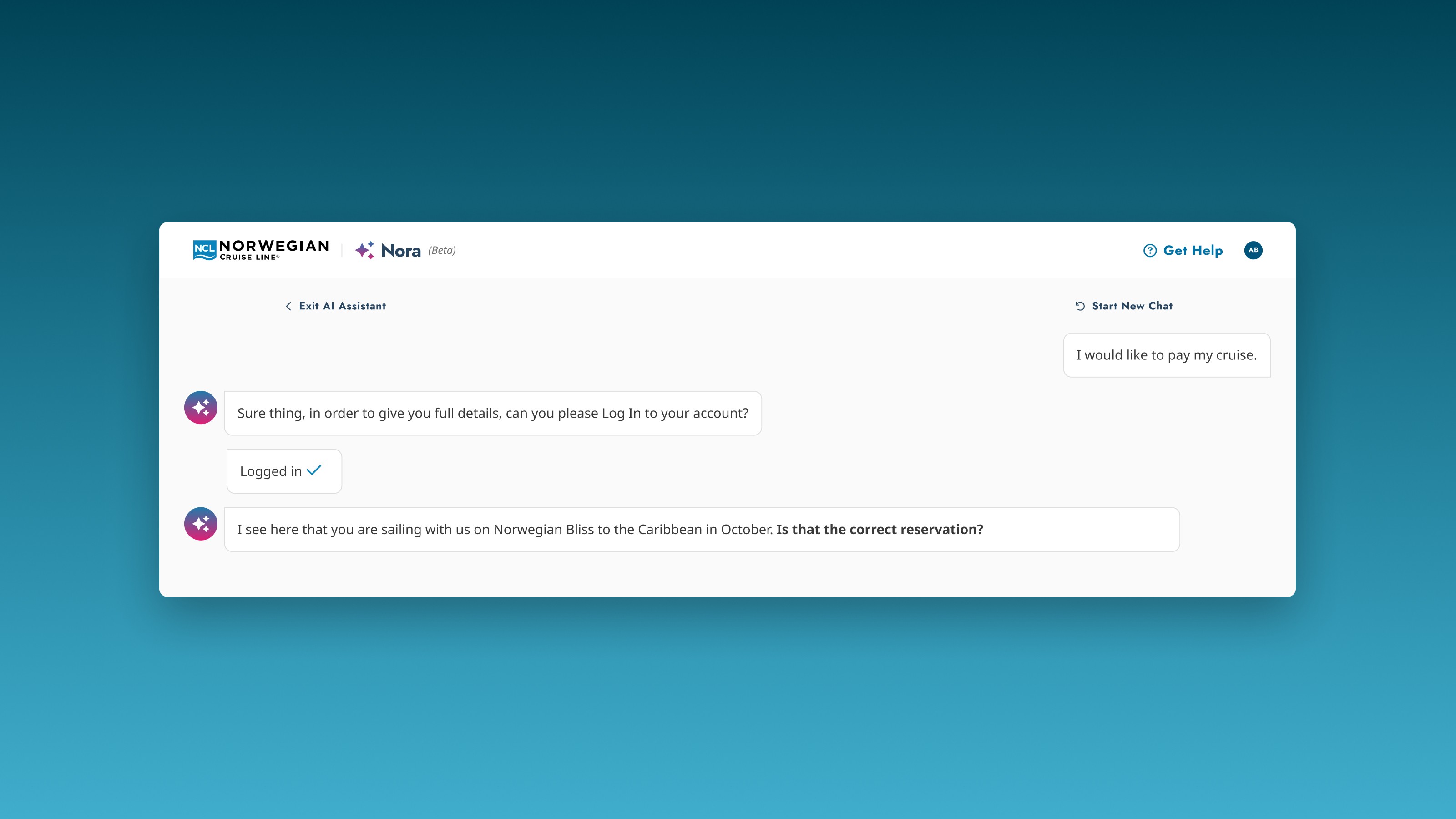 Post-login: Nora immediately surfaces the guest's reservation by name, ship, and sailing date. Same interface — completely different experience.