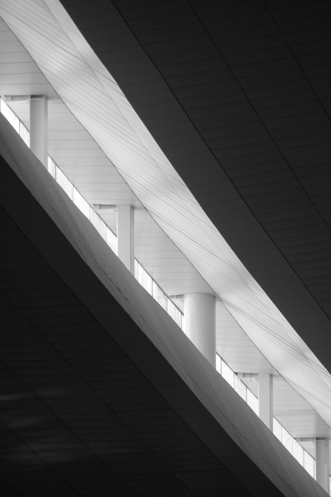 Diagonal lines of light and shadow in building
