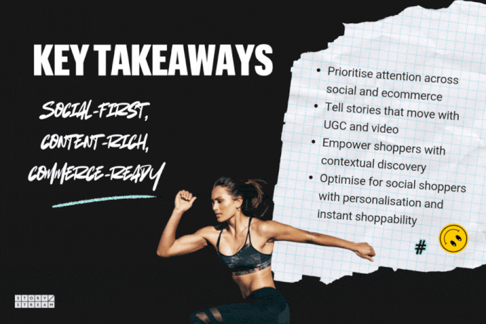 A woman is depicted in a running stance, wearing a black sports bra and leggings. On the right, a crumpled piece of paper with a list of key takeaways is shown. The text "KEY TAKEAWAYS" is on the top left, with "SOCIAL-FIRST, CONTENT-RICH, COMMERCE-READY" below it.