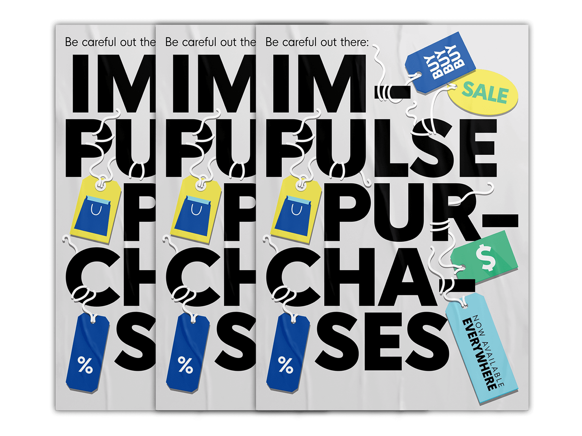 Posters for Petal Card warning about impulse purchases, featuring bold black text with colorful shopping tags.