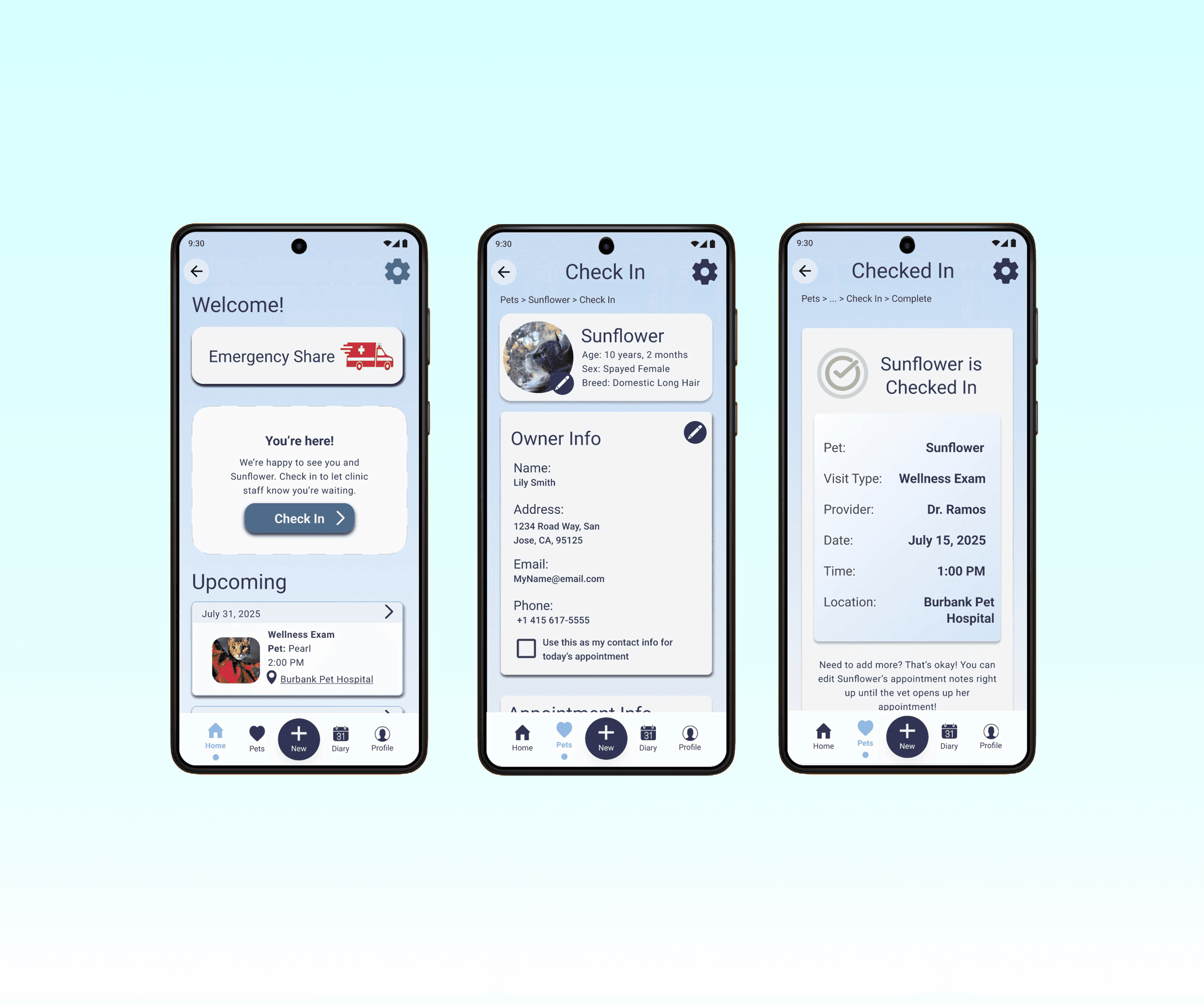 Screenshots of the pet check-in flow for PawMigo