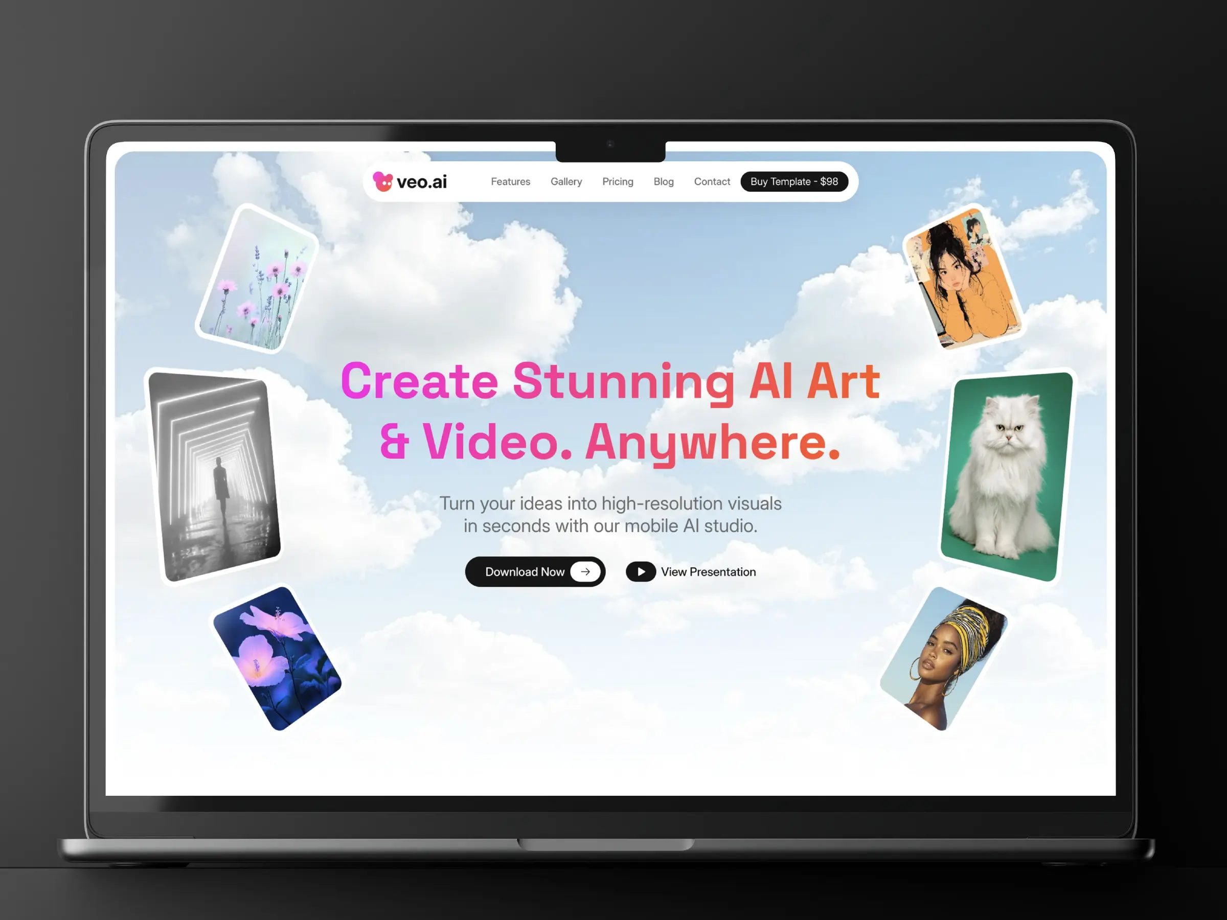 Veo AI creative platform Framer template featuring AI art and video generation, colorful visuals, and a playful cloud-inspired design.
