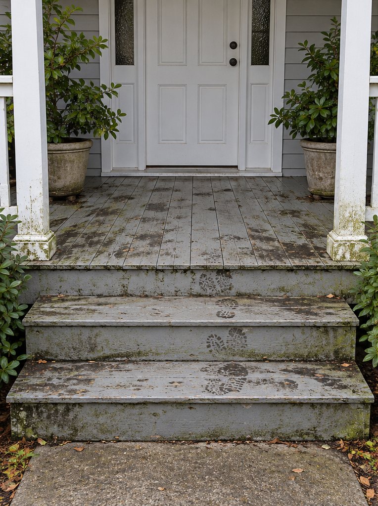 Painted wood porch and steps grimy with dirt and mildew