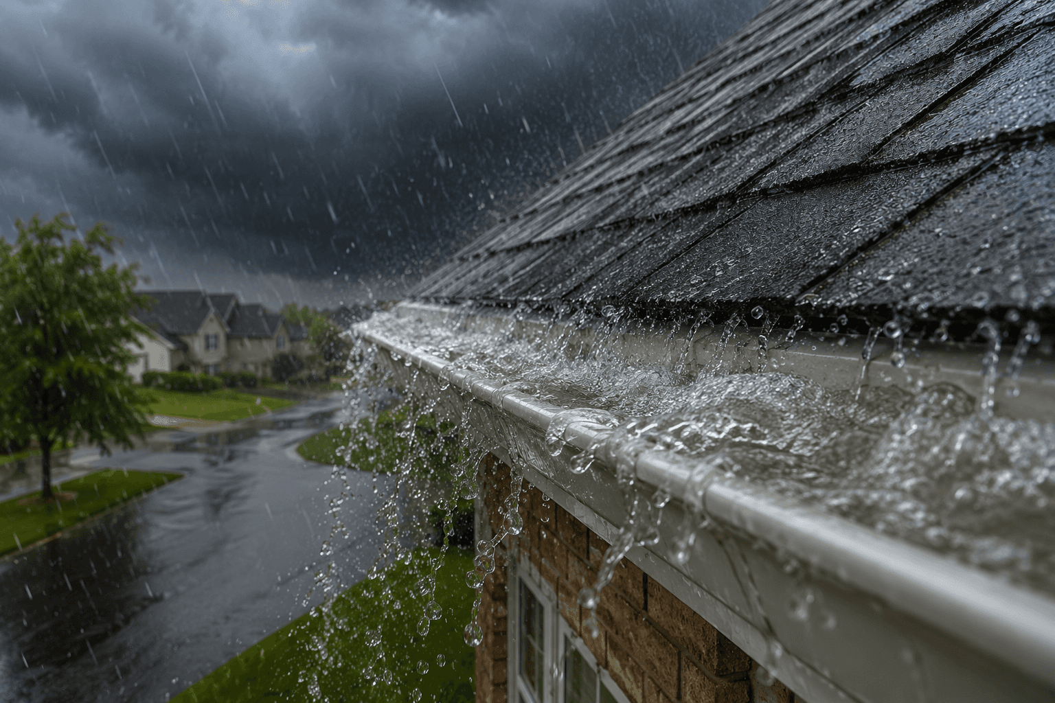 Rain overflows in a seamless gutter during an Oklahoma spring storm