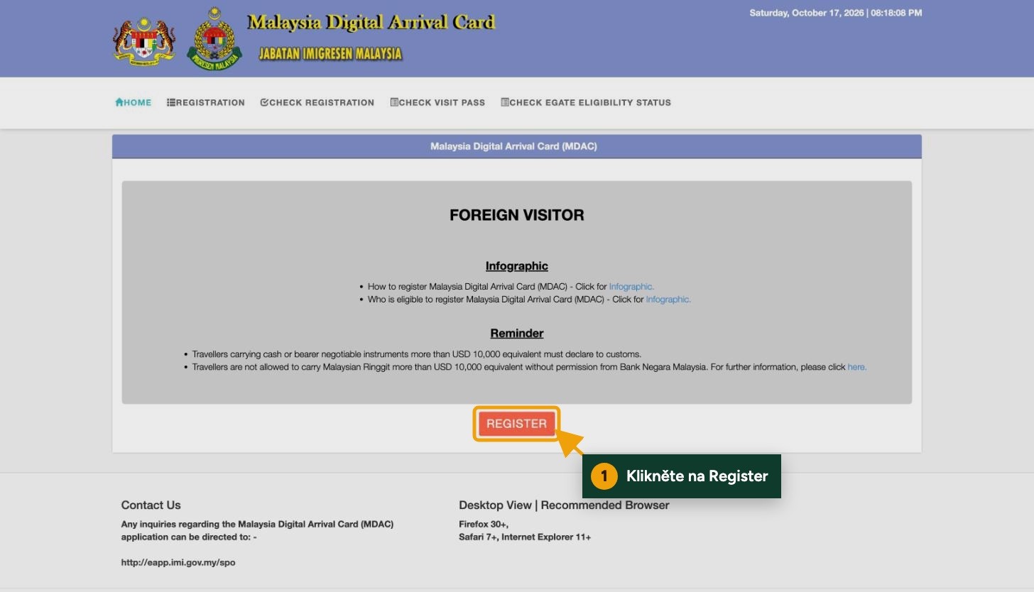 Stránka Malaysia Digital Arrival Card s vyznačeným tlačítkem Register