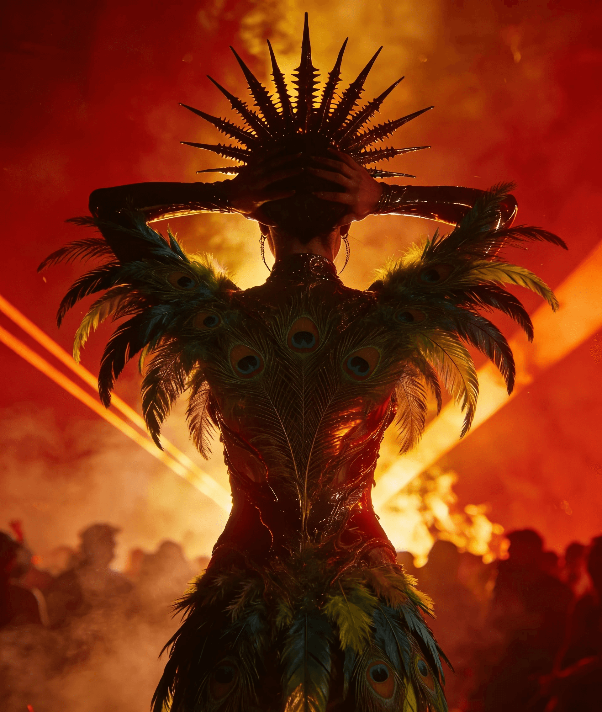 Portrait of a woman with dynamic swirling lines around her face.