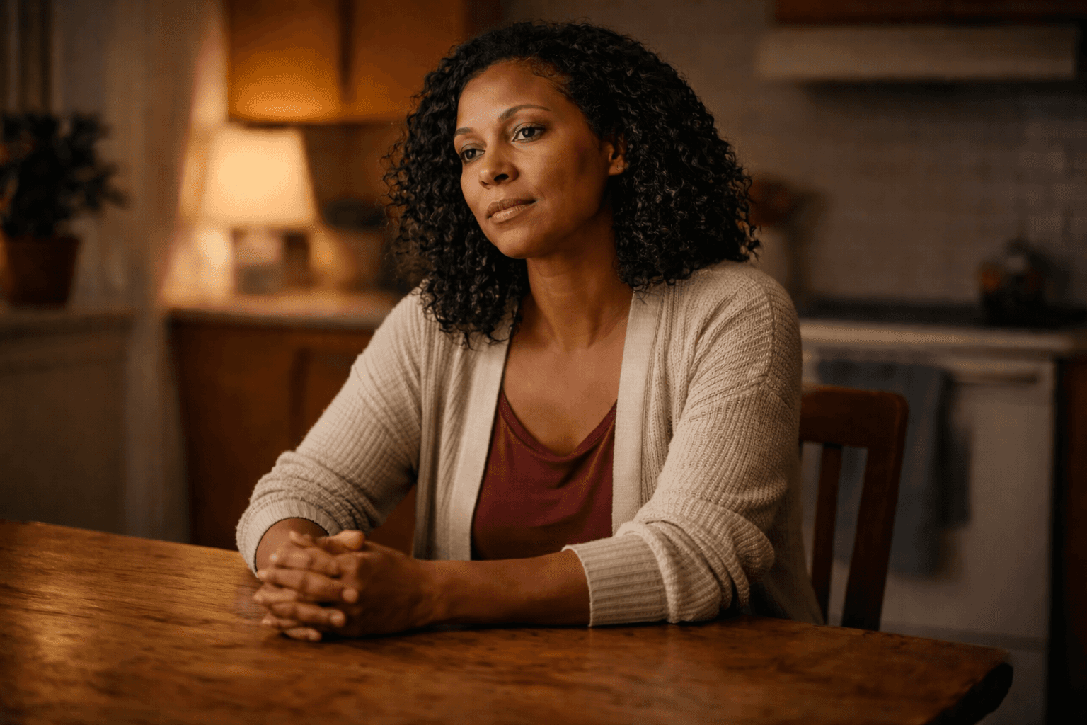 Woman sitting alone at kitchen table reflecting — understanding the difference between binge eating disorder, emotional eating and overeating