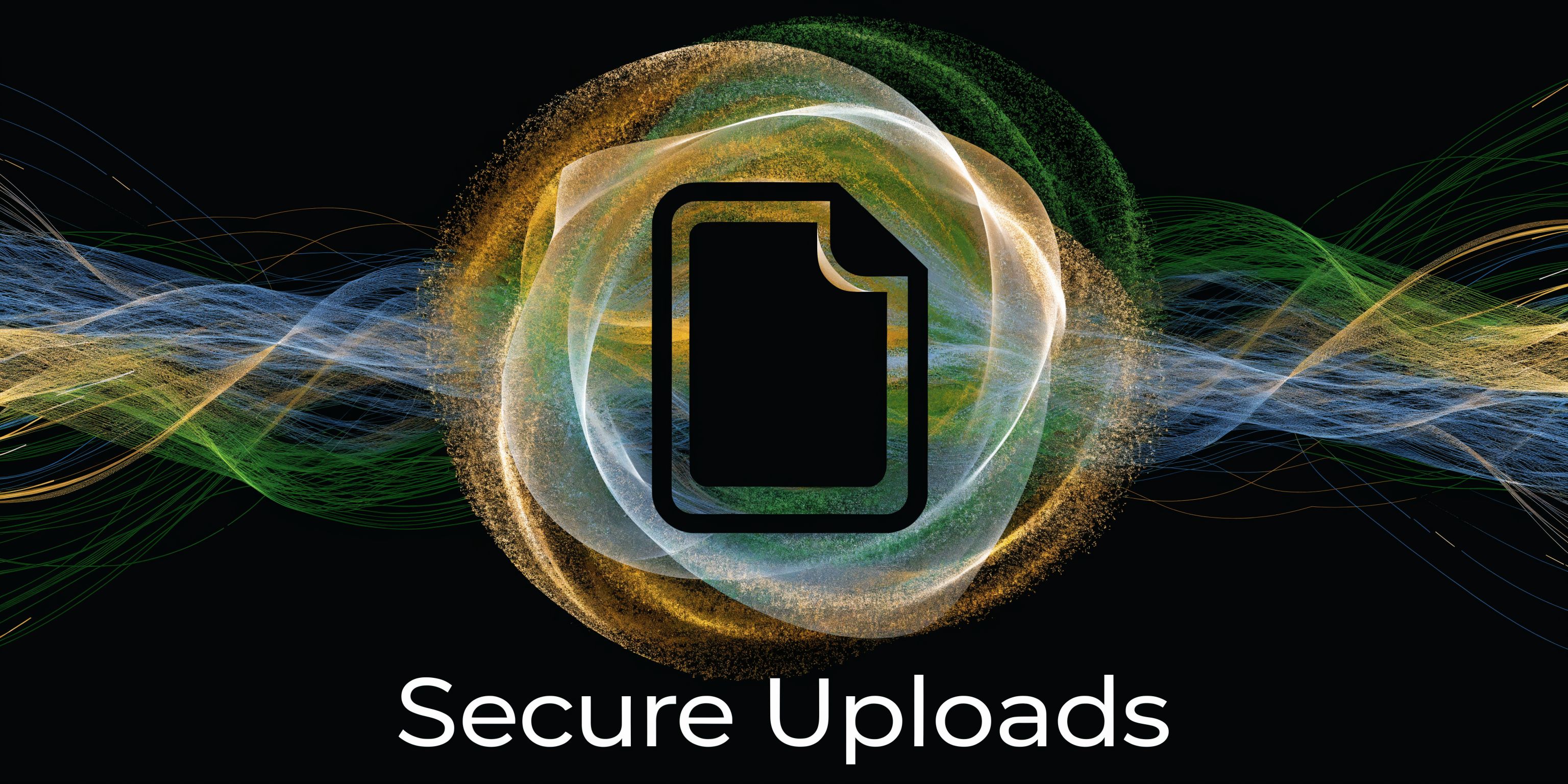 A digital graphic depicting a document icon centered against abstract swirling lines representing secure file transfers.