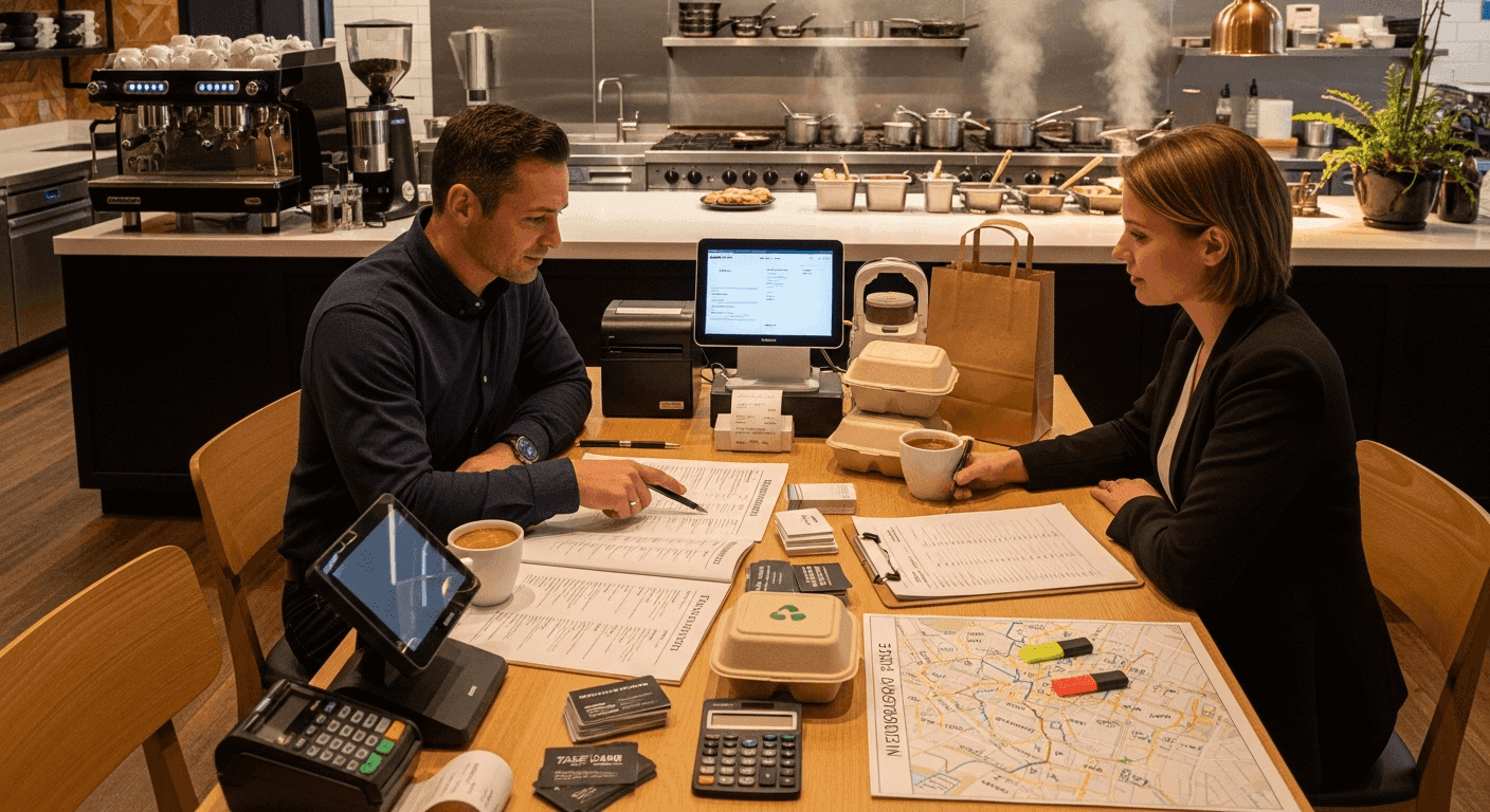 Restaurant owners reviewing website options and costs, comparing DIY and professional website solutions