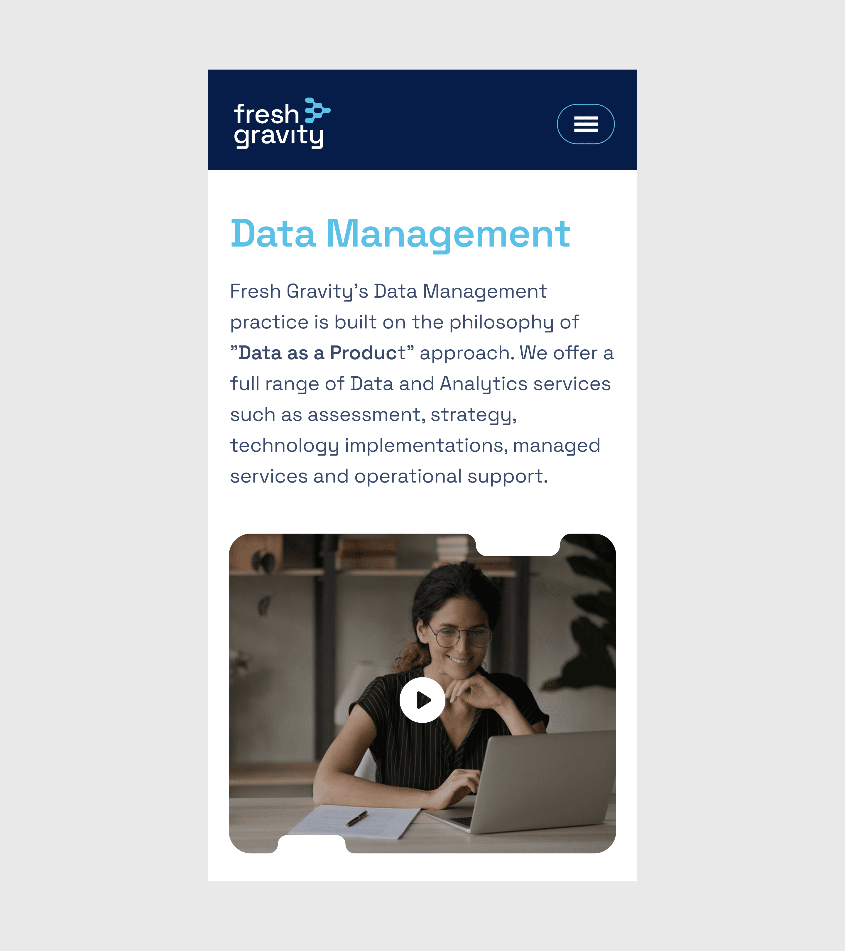 Fresh Gravity Data Management page on mobile, with a video thumbnail