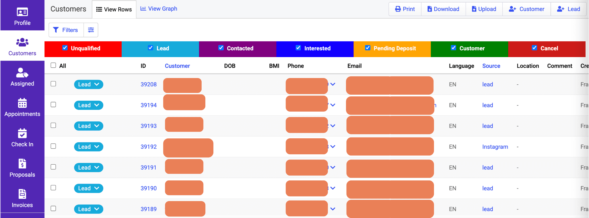 Client CRM dashboard tracking leads and conversions