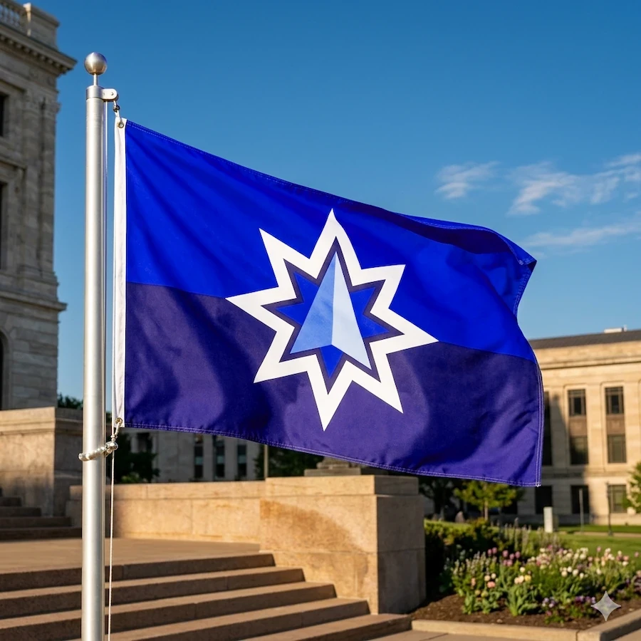 A blue flag with a large star in the middle flying on a flagpole against a cloudless blue sky