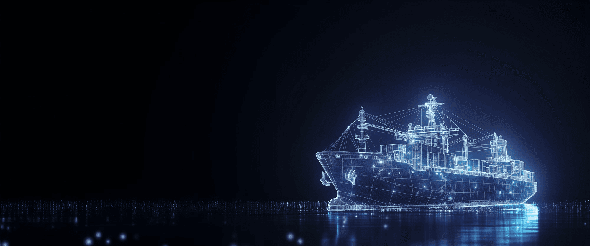 A futuristic ship glowing in blue light, sailing on a dark, reflective surface.