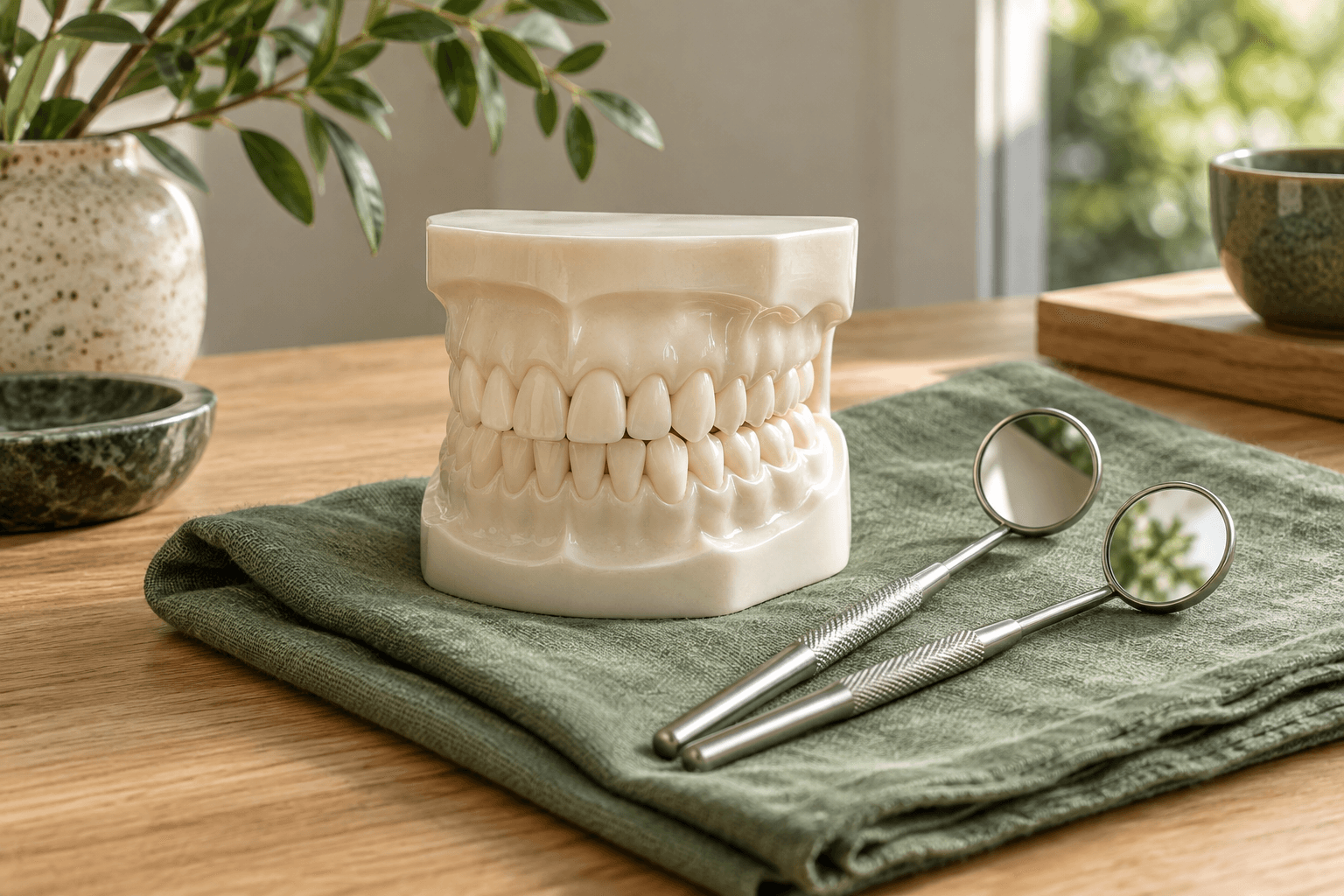 A dental model and examination mirrors arranged on sage linen