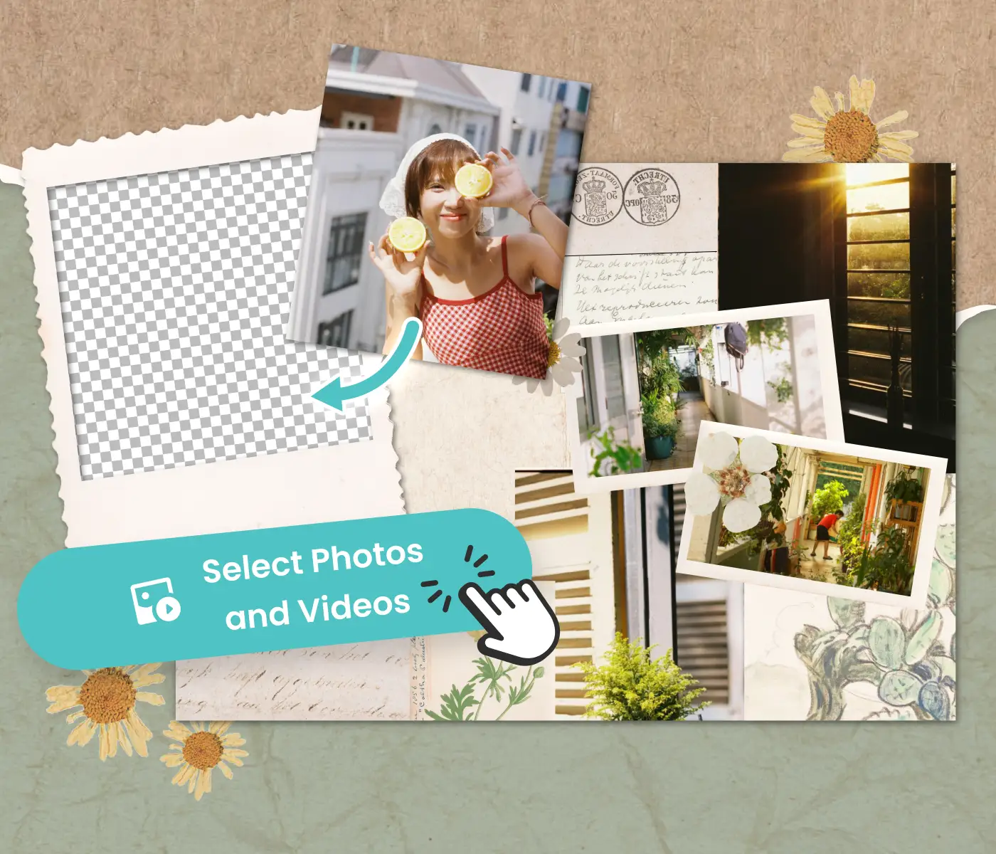 Digital scrapbook layout with an empty photo frame and a 'Select Photos and Videos' button