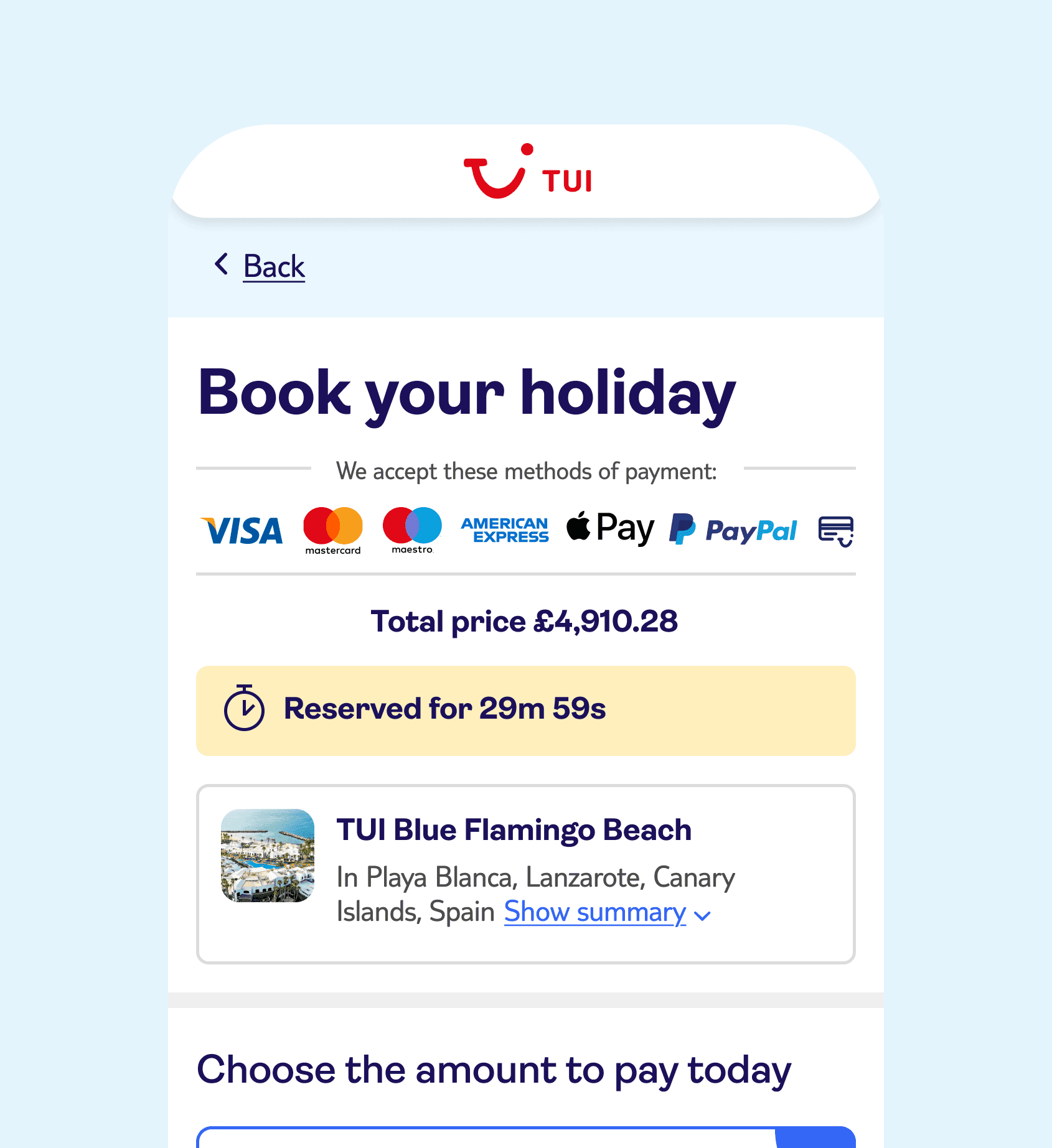 Mobile screen showing new design of the TUI payment page.
