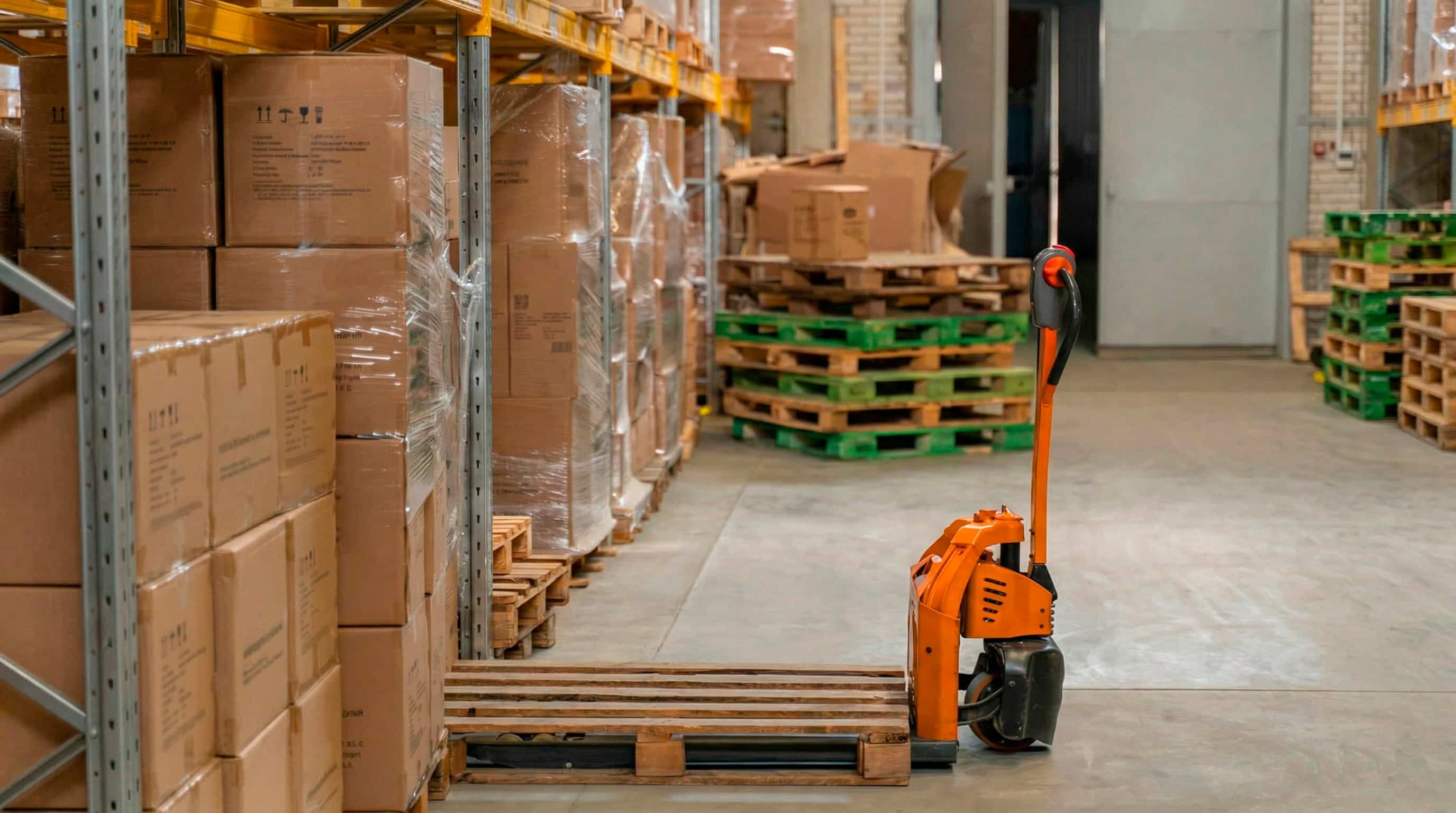 Ein oranger elektrischer Hubwagen steht unter einer Holzpalette in einem geräumigen Lager neben Regalen, die mit Pappkartons gefüllt sind