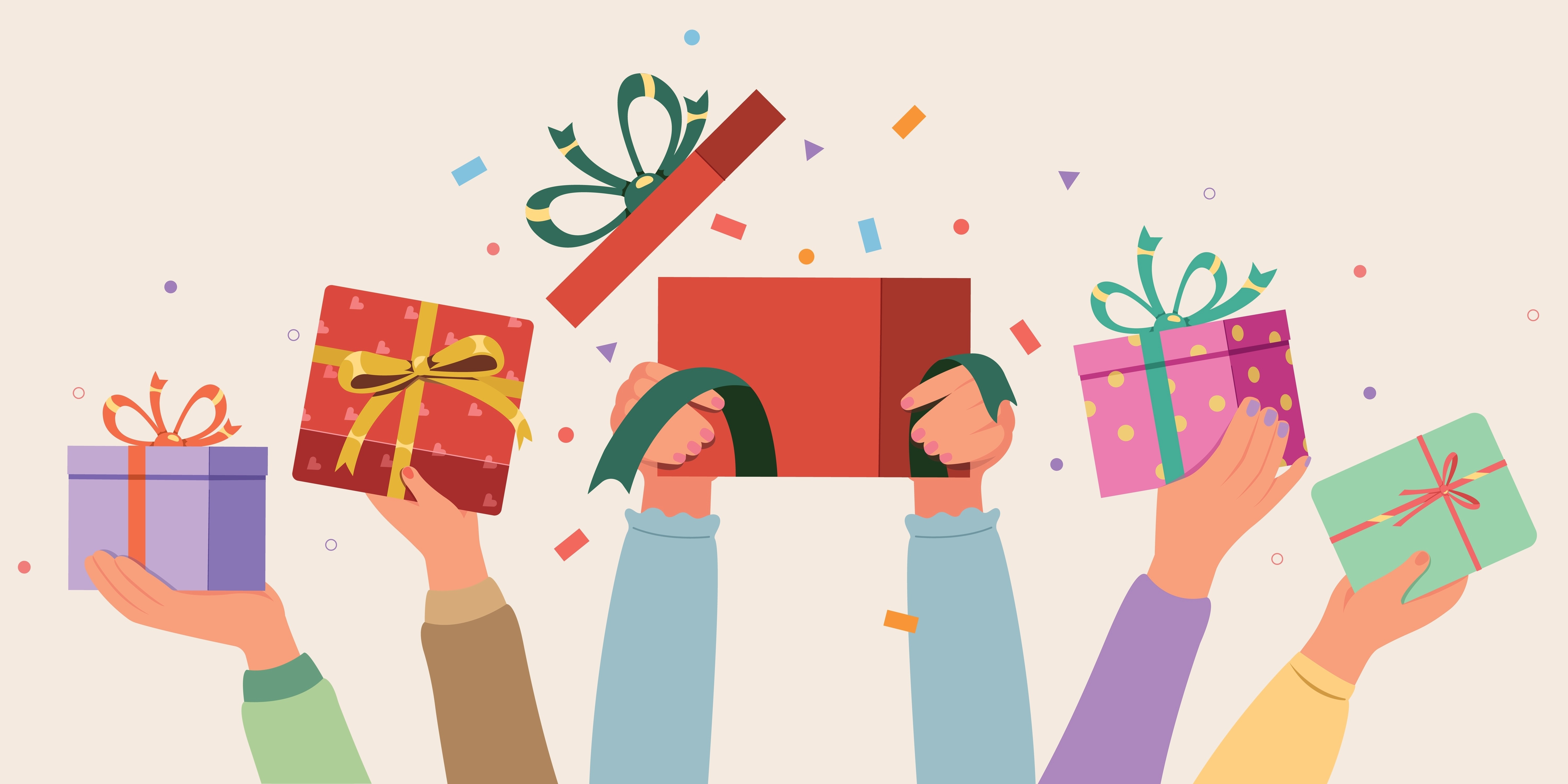Hands holding colorful gift boxes with confetti, illustrating influencer product gifting campaigns for e-commerce brands