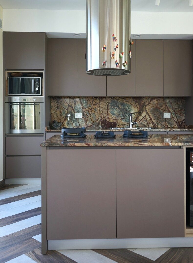 Minimalist interior with curved wooden staircase, rich wood textures, and soft ambient lighting.