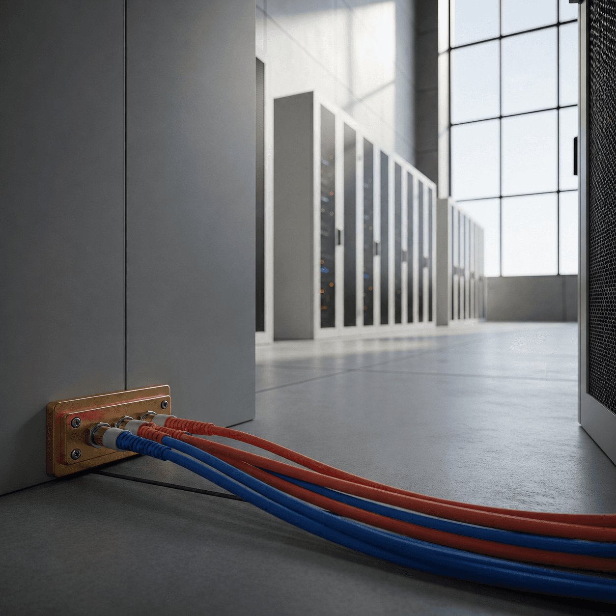 Editorial photograph of a clean, well-lit data center server room. In the foreground, two distinct, color-coded fiber optic cables, one #1F3B5B and one #E76F51, run along a server rack before converging at a single secure junction box. The background is softly out of focus, showing the depth of the room. Natural light streams in from a high window, creating soft shadows. The upper-left third of the frame is clear, showing a neutral gray wall, perfect for text overlay. Aspect ratio 16:9. No people, no screens, no text or logos. Photorealistic.
