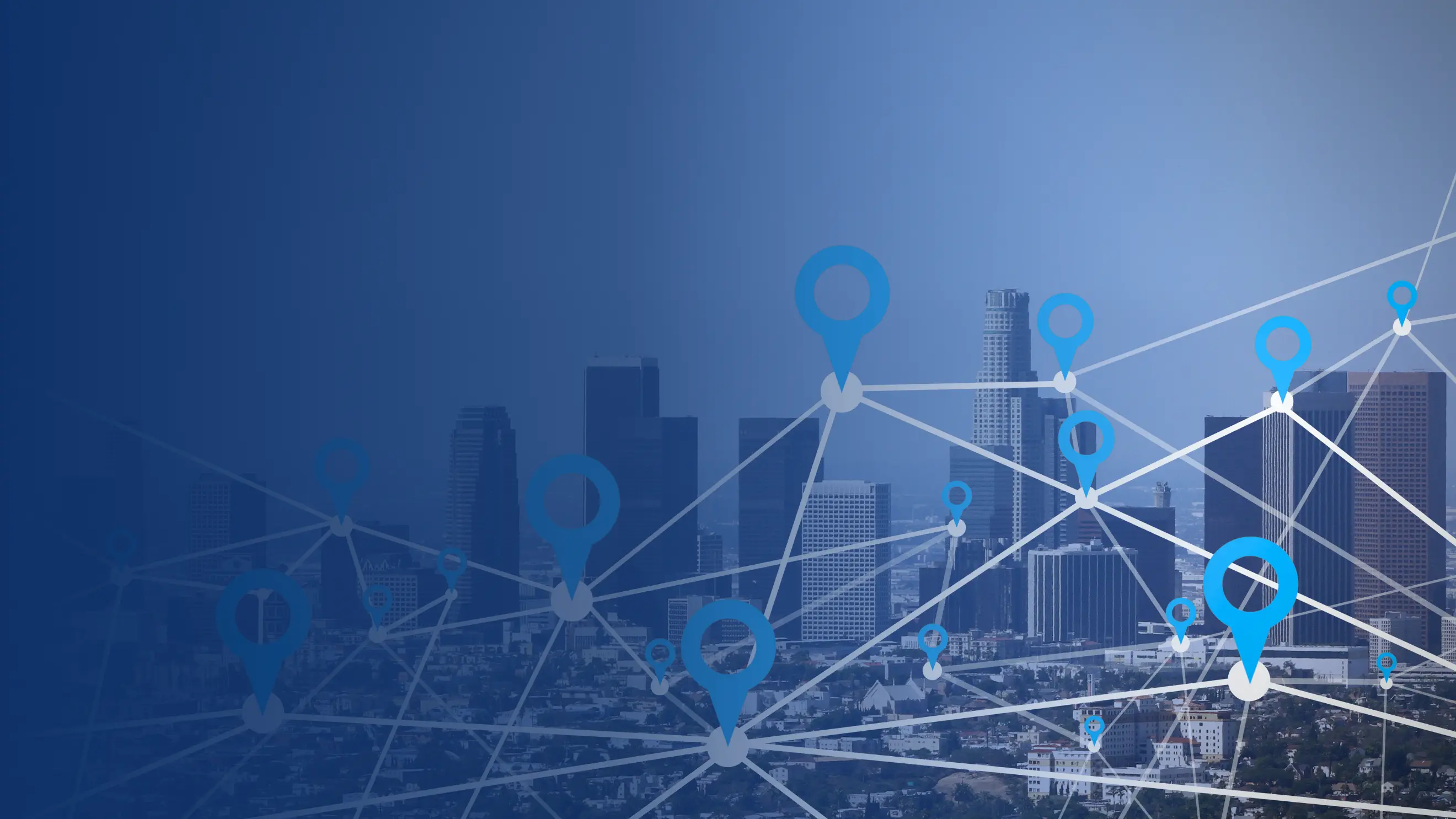 City skyline overlaid with a network of connected location pin icons, representing a service provider network