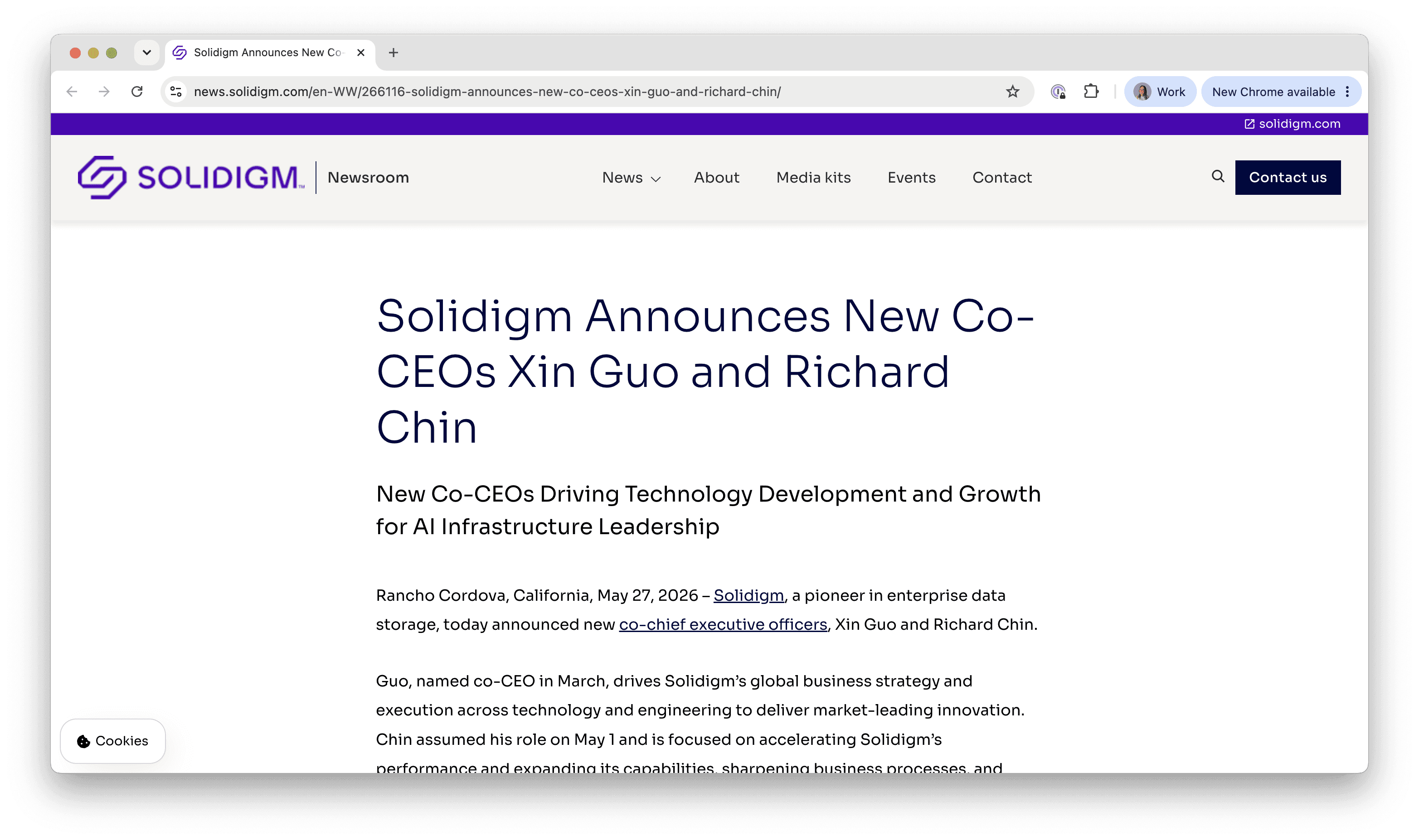 Screenshot of Solidigm's newsroom