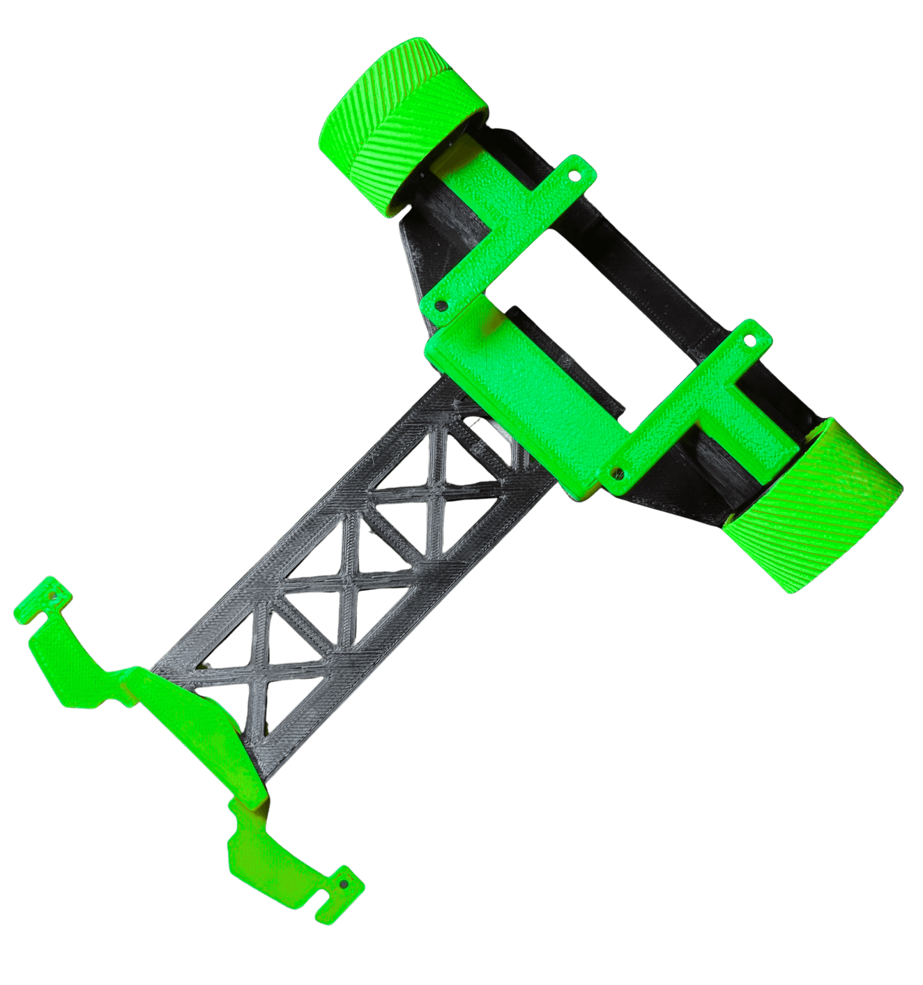 Basic LFR chassis transparent view – N20 motor mounts, sensor arm, PCB tray layout