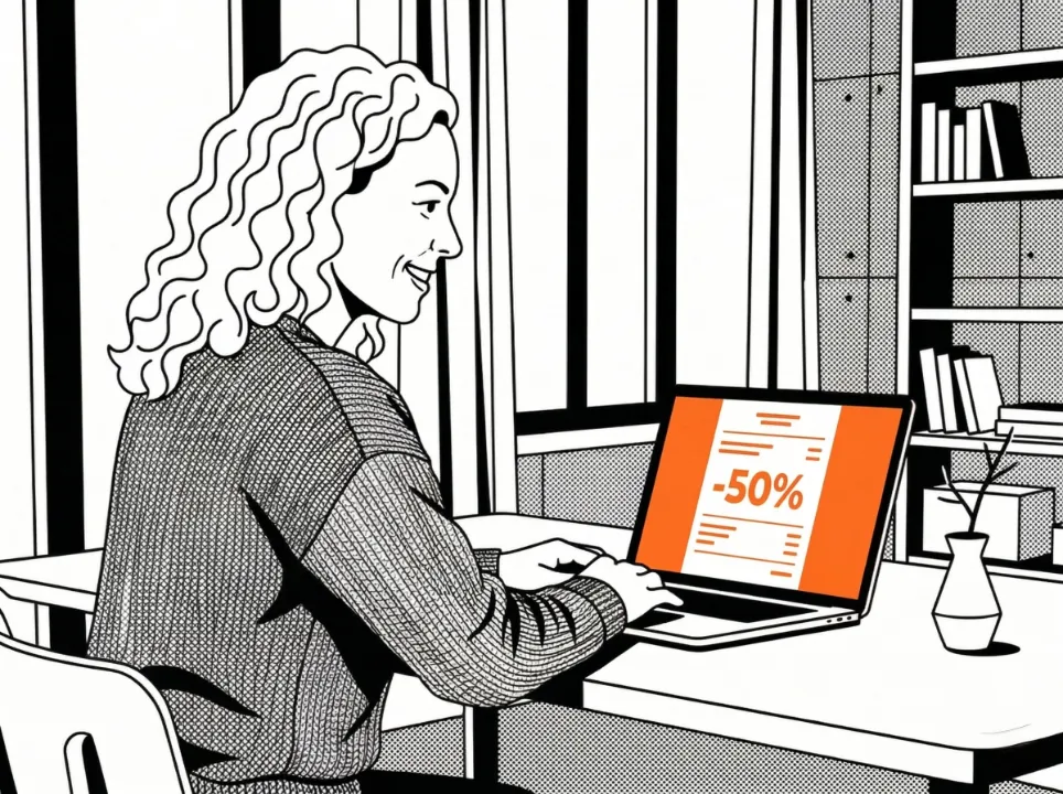 Illustration d'une femme souriante devant son ordinateur affichant une promotion de -50%