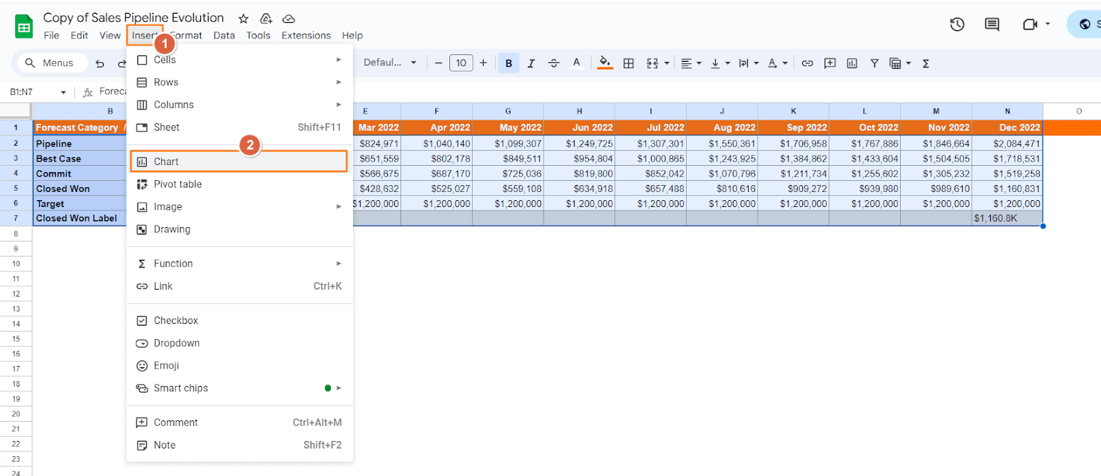 Select the entire range, then navigate to the top menu and click on 'Insert' followed by 'Chart'.