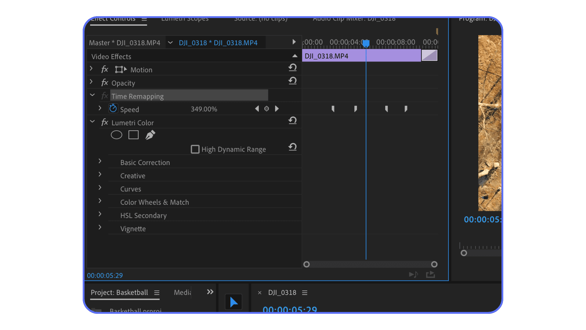 Time Remapping speed controls visible in Premiere Pro Effect Controls panel