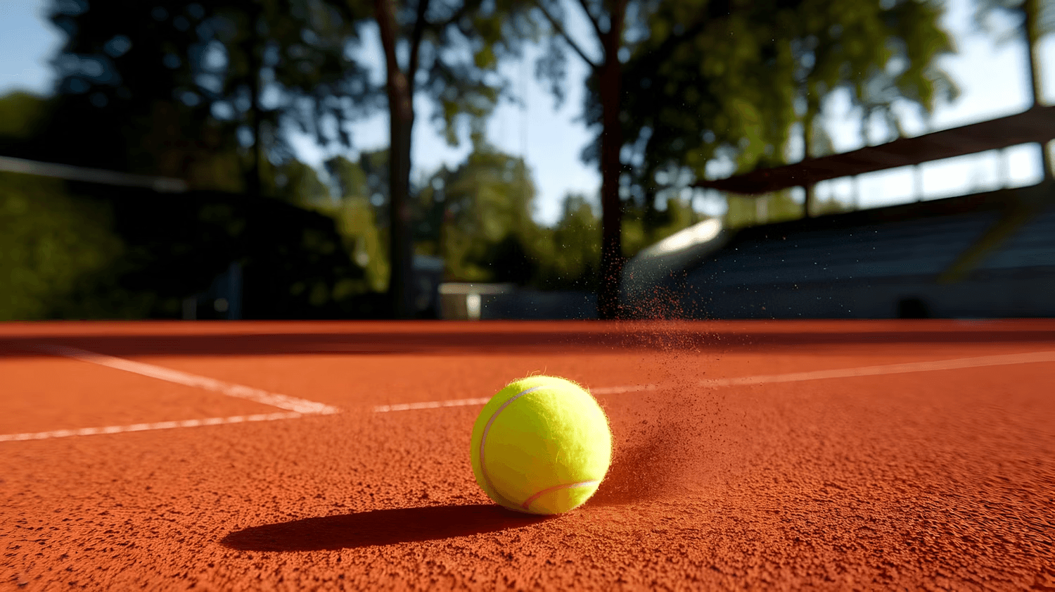 Close-up of a tennis ball on a red clay court