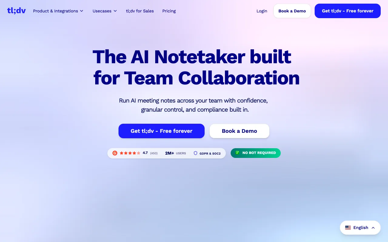 tl;dv homepage - lightweight meeting recording and AI notes