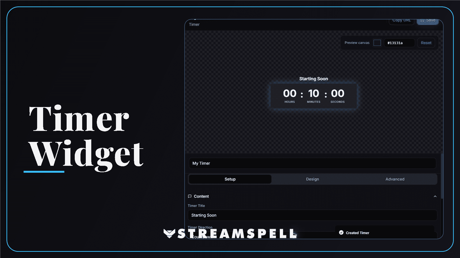 StreamSpell Timer Widget editor showing a countdown preview and timer customization controls