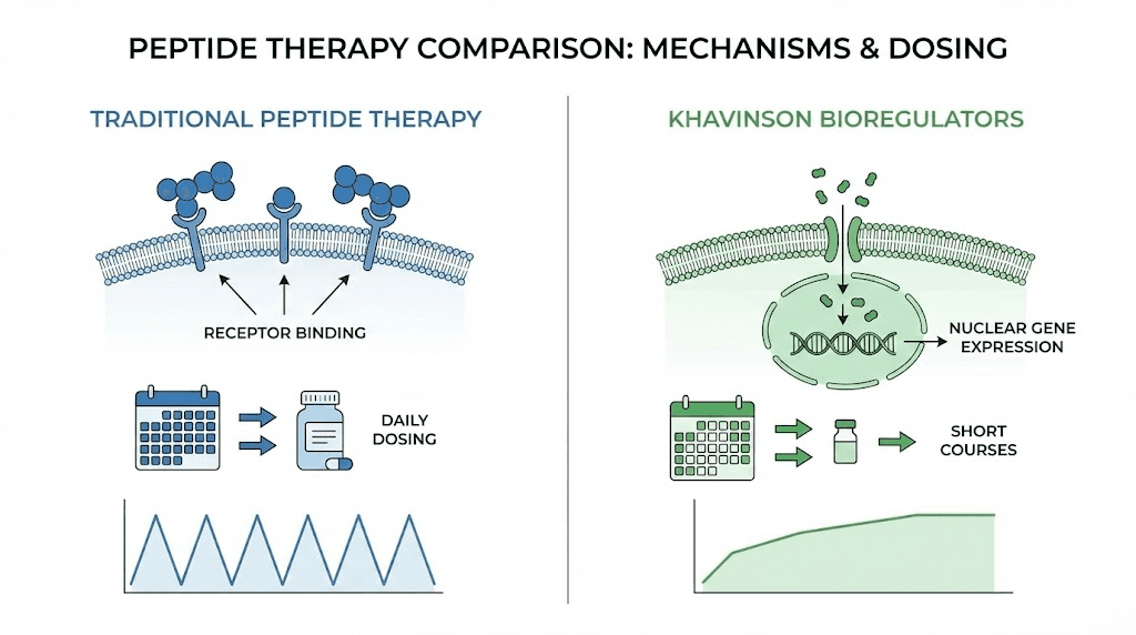 Traditional peptide therapy versus Khavinson peptide bioregulator comparison