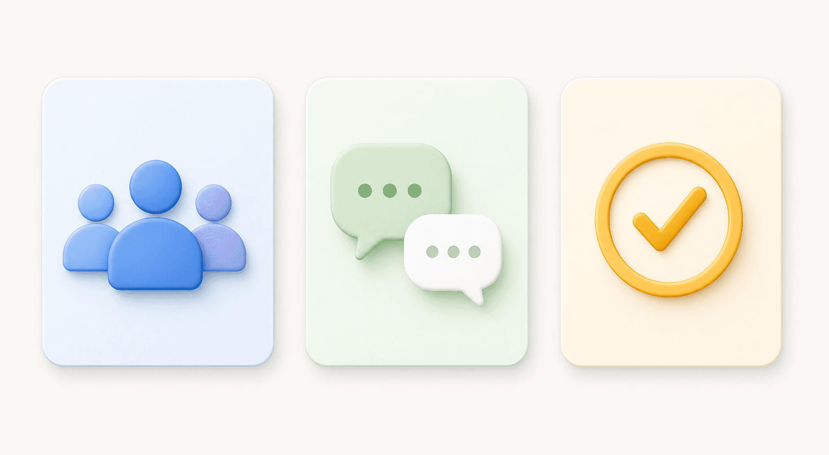 A clean, minimal illustration showing three distinct billing model icons side by side: a group of human figures representing per-seat pricing, a speech bubble chain representing per-conversation pricing, and a checkmark inside a circle representing per-resolution pricing, each on a separate card with subtle color differences, soft shadows, and a light neutral background, no text or labels anywhere