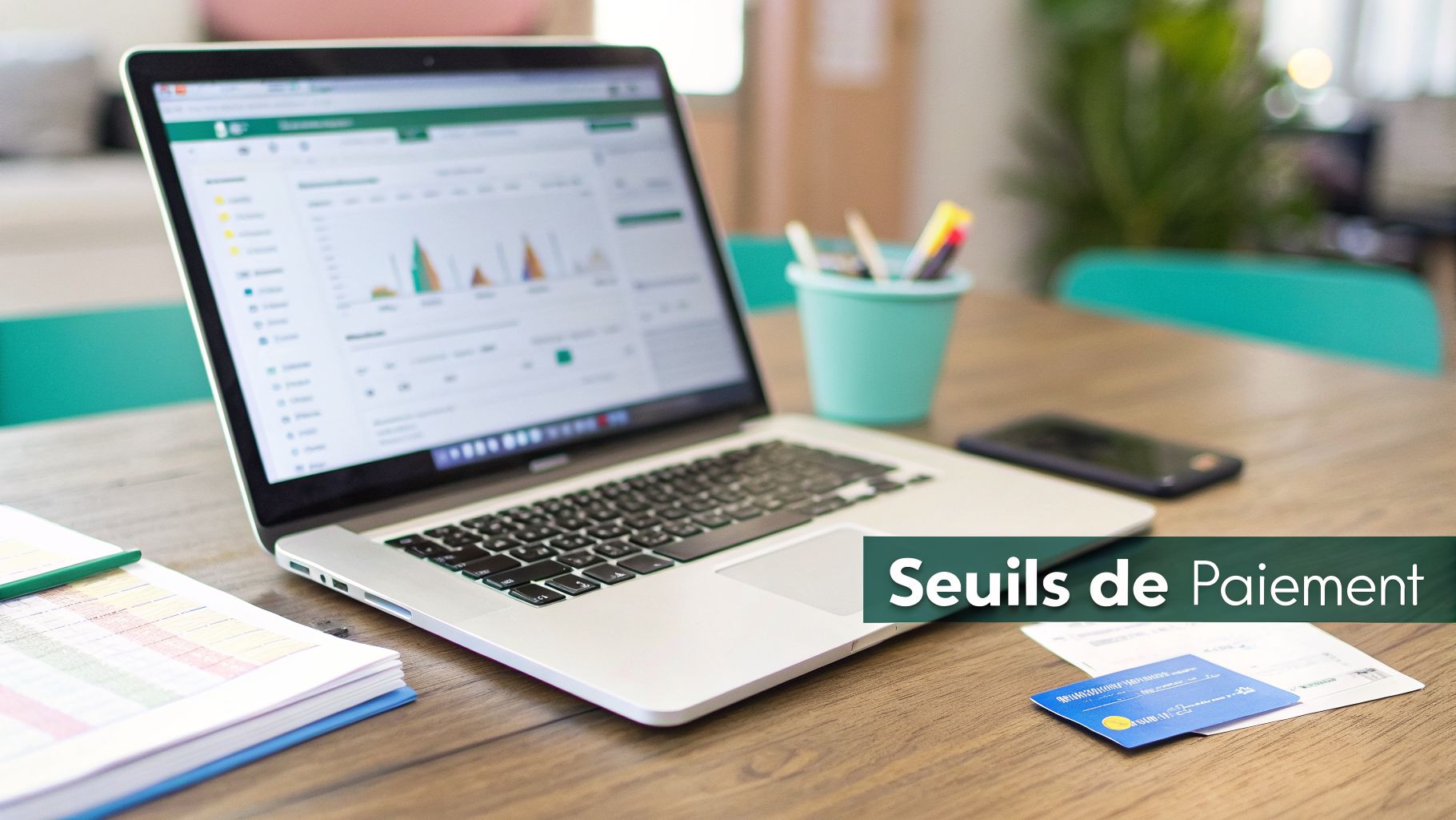 Un ordinateur portable affichant des graphiques financiers, une carte de crédit et des documents sur un bureau en bois, symbolisant la gestion des paiements.