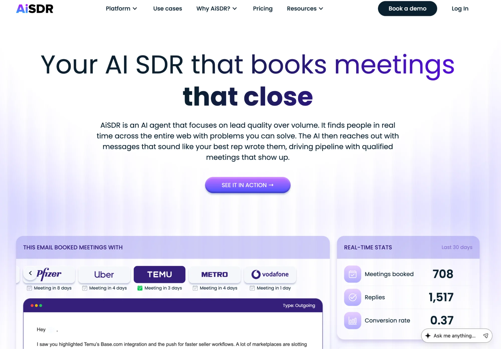 AiSDR homepage: AI SDR software that automates prospecting and books meetings